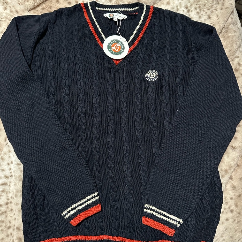 Roland Garros French Open tennis Classic Navy V-Neck Sweater L M cable knit